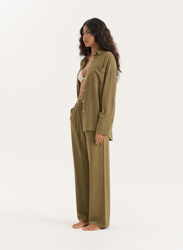 4th & Reckless Olive Linen Blend Wide Leg Trouser- Anna