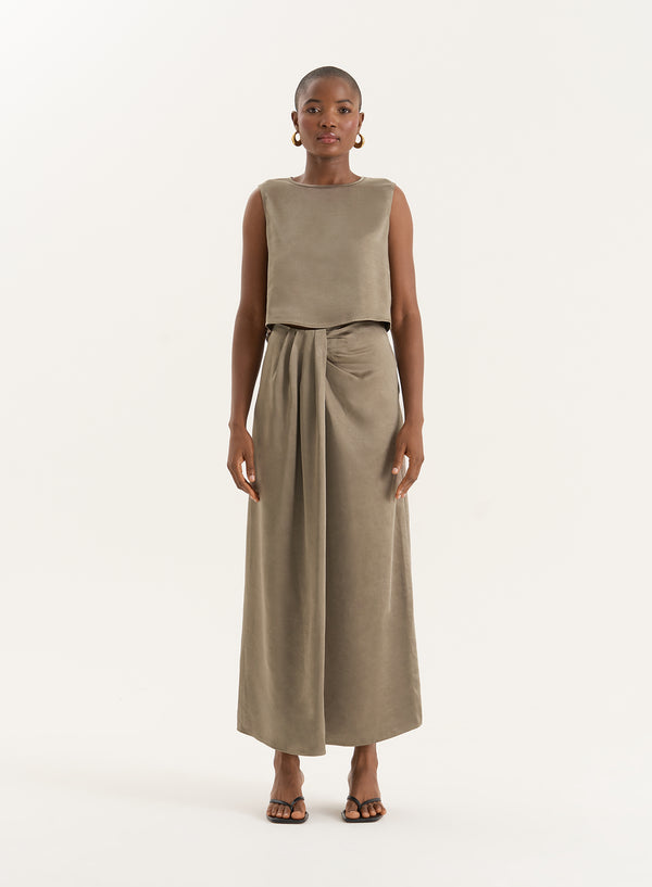 4th & Reckless Olive Satin Sleeveless Cropped Top- Verona