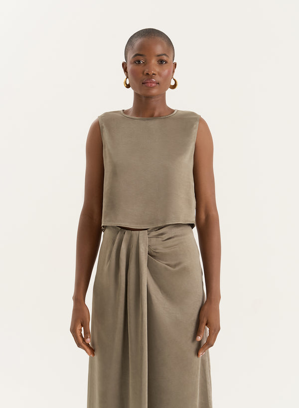 4th & reckless Olive Satin Sleeveless Cropped Top- Verona