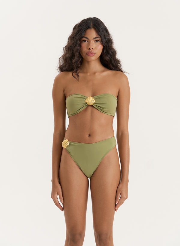 4th & Reckless Olive Shell Buckle High Leg Bikini Bottom- Tamia