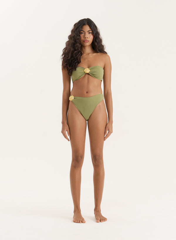 4th & reckless Olive Shell Buckle High Leg Bikini Bottom- Tamia