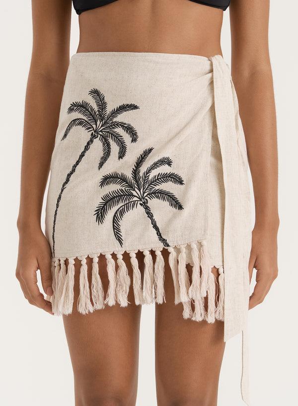 4th & Reckless Palm Embroidery Fringe Trim Sarong Mini Skirt- Demi