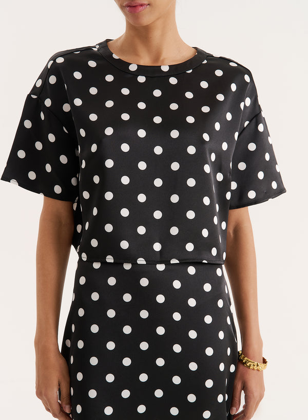 4th & Reckless Polka Dot Print Oversized Satin Cropped Top- Jayda