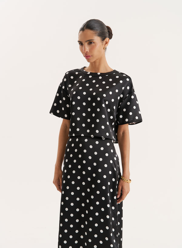 4th & reckless Polka Dot Print Oversized Satin Cropped Top- Jayda