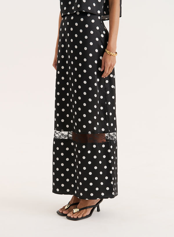 4th & Reckless Polka Dot Print Satin Lace Detail Maxi Skirt- Jayda