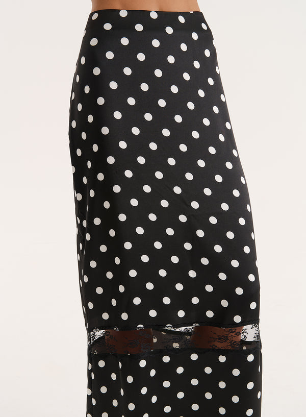 4th & Reckless Polka Dot Print Satin Lace Detail Maxi Skirt- Jayda