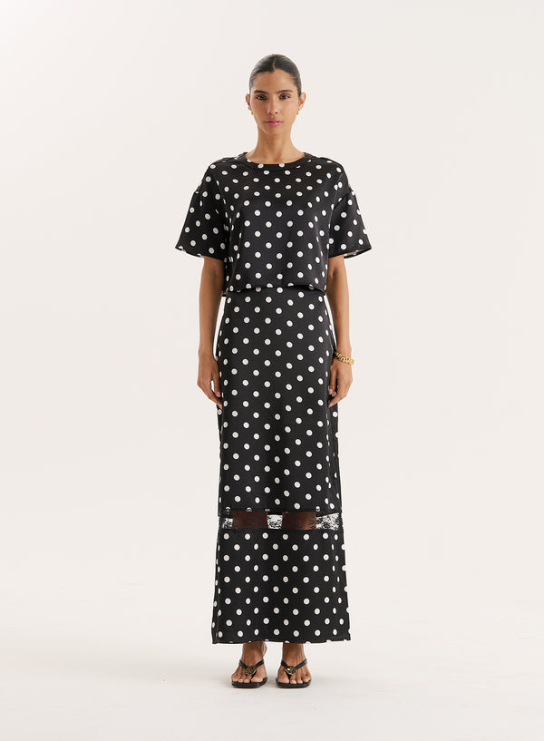 4th & reckless Polka Dot Print Satin Lace Detail Maxi Skirt- Jayda