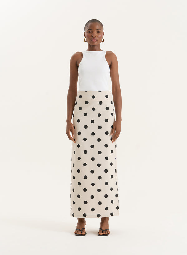 4th & Reckless Polka Dot Printed Linen Blend Maxi Skirt- Clementine