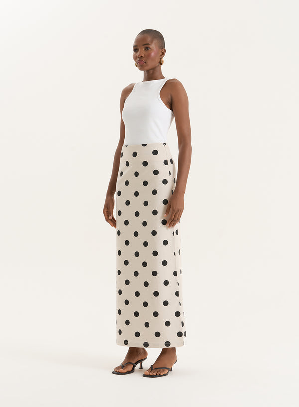 4th & Reckless Polka Dot Printed Linen Blend Maxi Skirt- Clementine