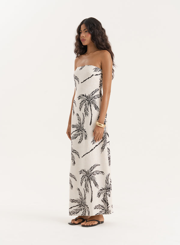 4th & Reckless Printed Linen Blend Bandeau Midaxi Dress- Carmel