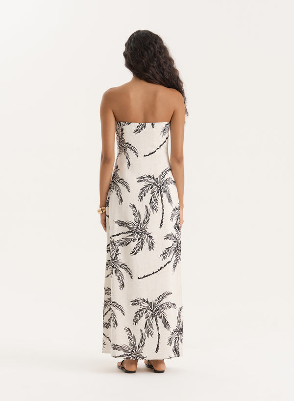 4th & Reckless Printed Linen Blend Bandeau Midaxi Dress- Carmel