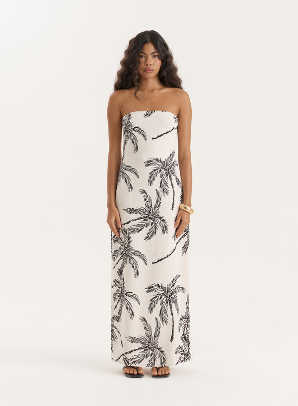 4th & reckless Printed Linen Blend Bandeau Midaxi Dress- Carmel