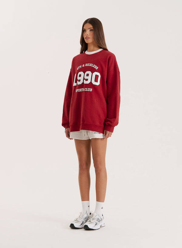 4th & Reckless Red Contrast Trim Slogan Classic Longline Sweatshirt- Atlas