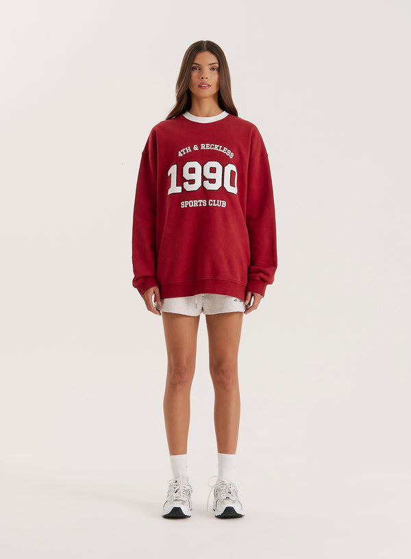 4th & Reckless Red Contrast Trim Slogan Classic Longline Sweatshirt- Atlas