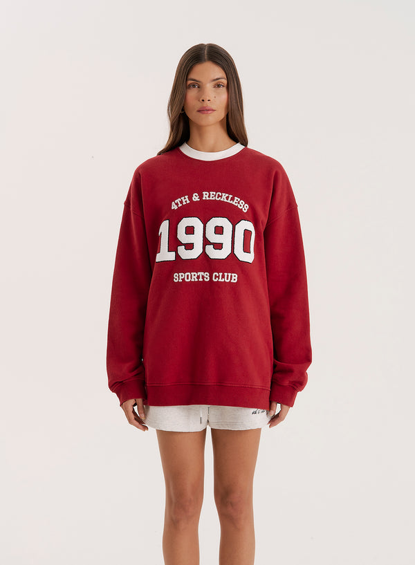 4th & reckless Red Contrast Trim Slogan Classic Longline Sweatshirt- Atlas