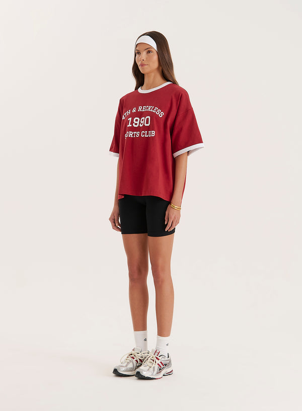 4th & Reckless Red Contrast Trim Slogan T-Shirt- Kayleigh