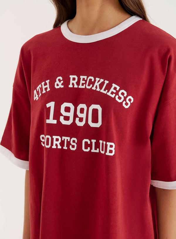 4th & Reckless Red Contrast Trim Slogan T-Shirt- Kayleigh