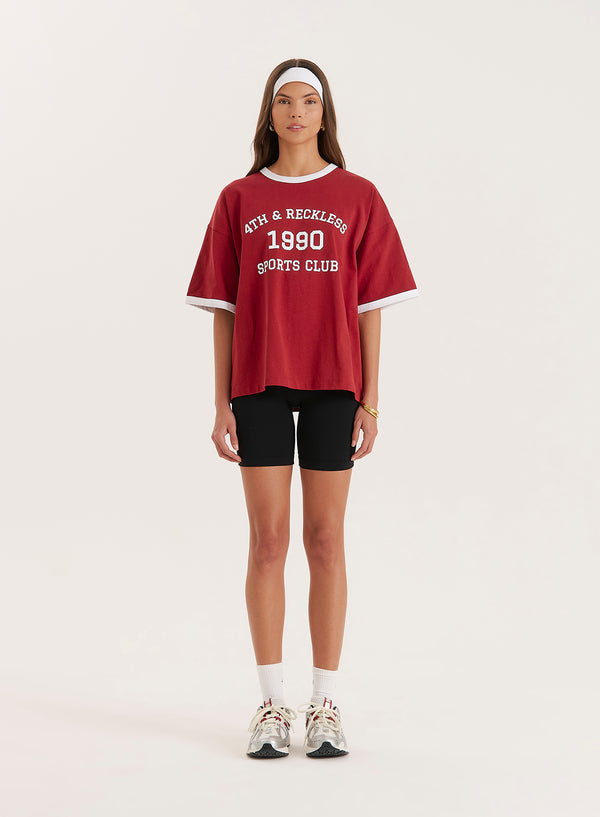 4th & Reckless Red Contrast Trim Slogan T-Shirt- Kayleigh