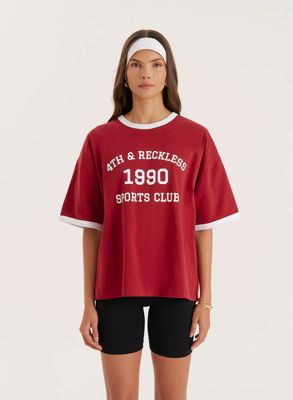 4th & reckless Red Contrast Trim Slogan T-Shirt- Kayleigh