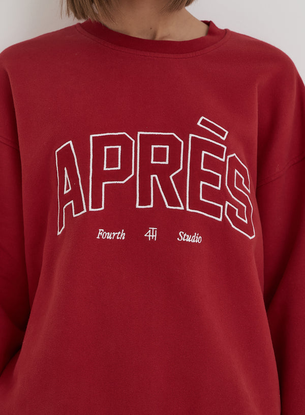 4th & Reckless Red Embroidered Apres Slogan Oversized Sweatshirt- Freya