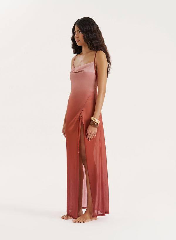 4th & Reckless Red Ombre Mesh Side Split Maxi Dress- Raphaella