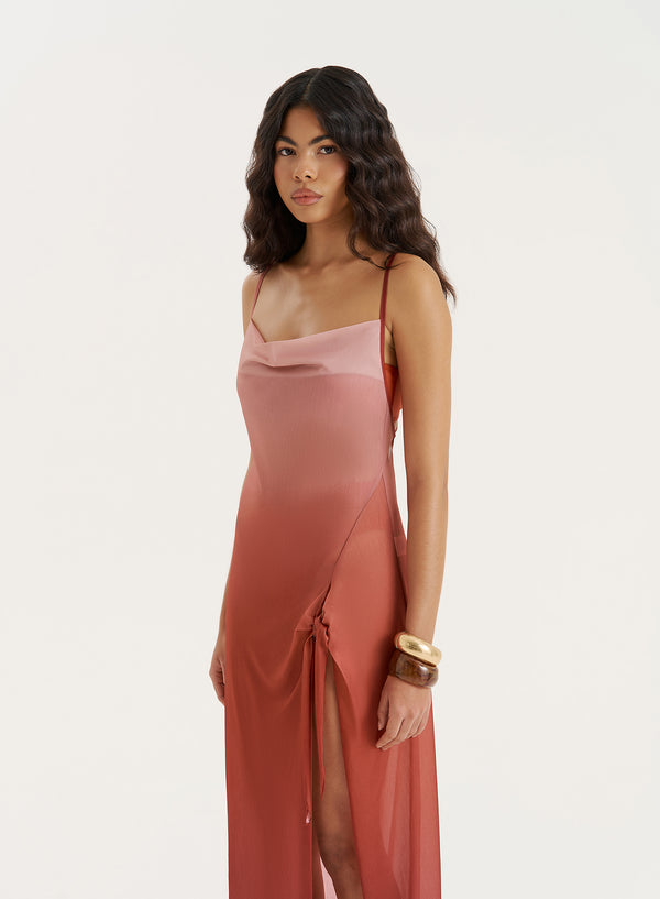 4th & Reckless Red Ombre Mesh Side Split Maxi Dress- Raphaella