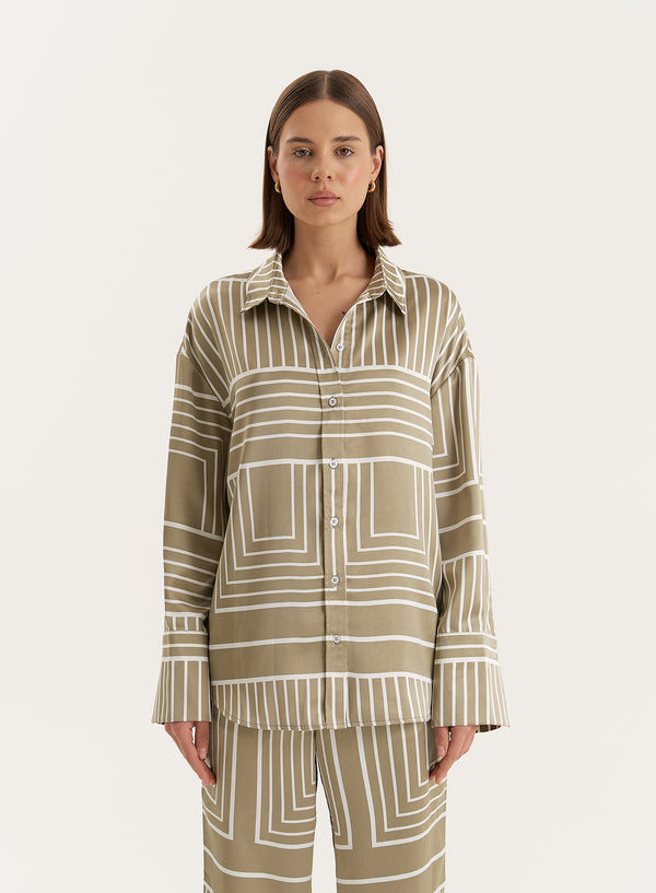 4th & Reckless Sage Green Satin Graphic Print Shirt- Amira