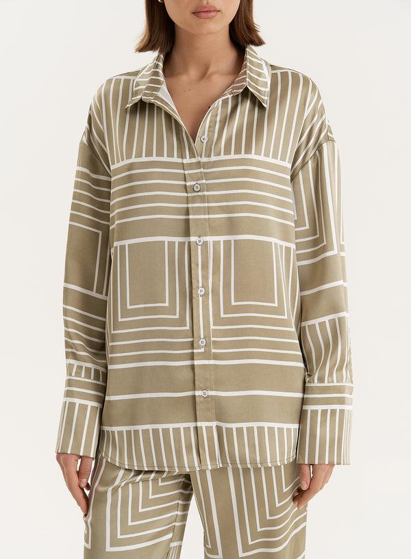 4th & Reckless Sage Green Satin Graphic Print Shirt- Amira