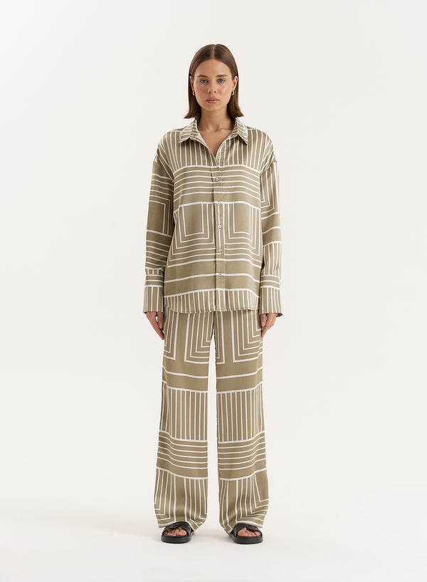 4th & reckless Sage Green Satin Graphic Print Shirt- Amira