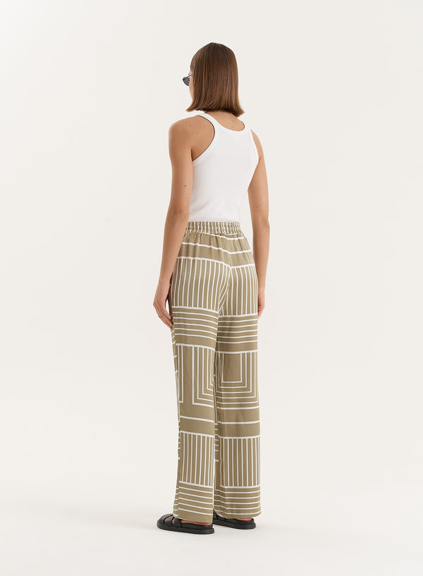 4th & Reckless Sage Green Satin Graphic Print Trouser- Amira