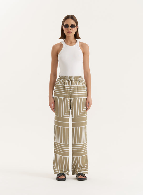 4th & reckless Sage Green Satin Graphic Print Trouser- Amira