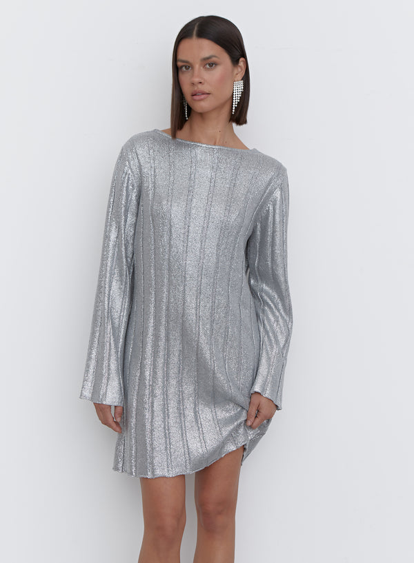 4th & Reckless Silver Metallic Knit Tie Back Jumper Dress - Paloma
