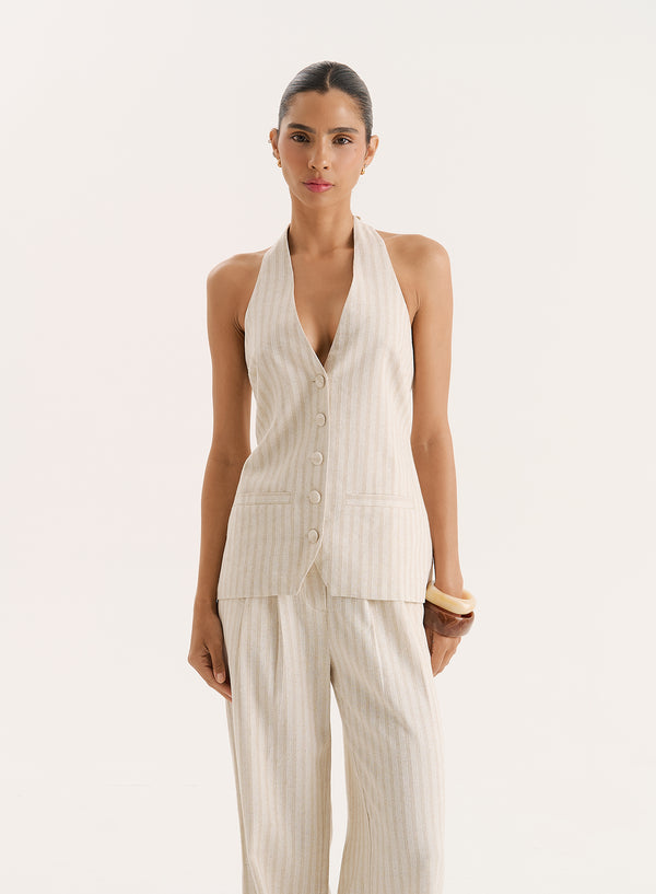 4th & reckless Stripe Halterneck Linen Blend Waistcoat- Layne