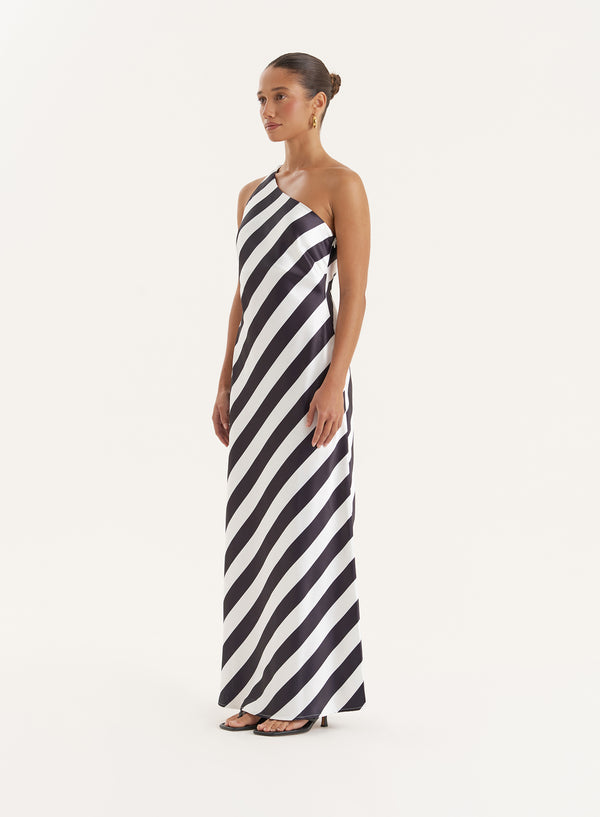 4th & Reckless Stripe Print Satin One Shoulder Maxi Dress- Ellen
