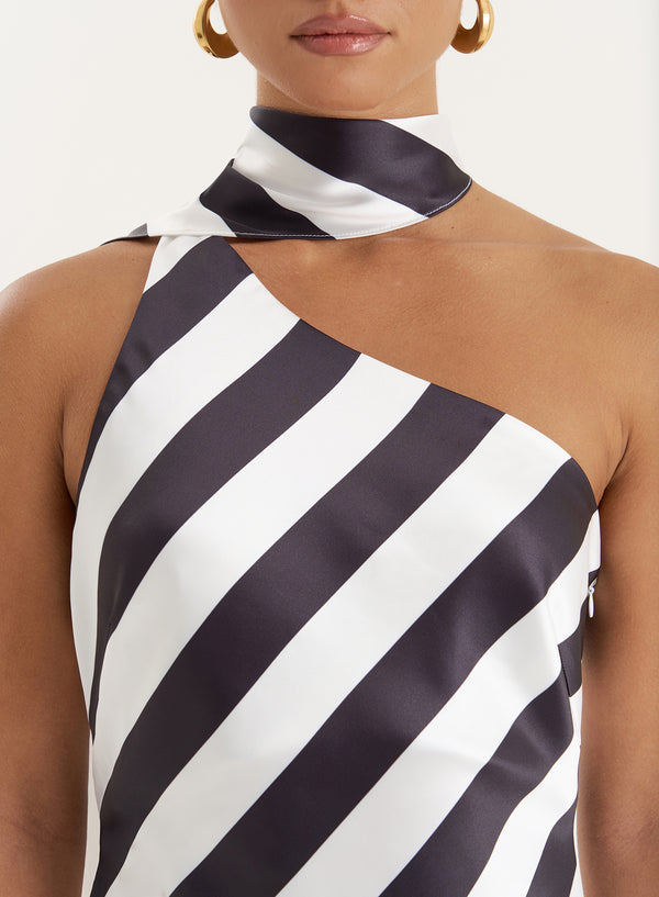 4th & Reckless Stripe Print Satin One Shoulder Maxi Dress- Ellen