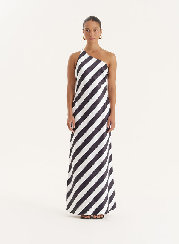 4th & Reckless Stripe Print Satin One Shoulder Maxi Dress- Ellen