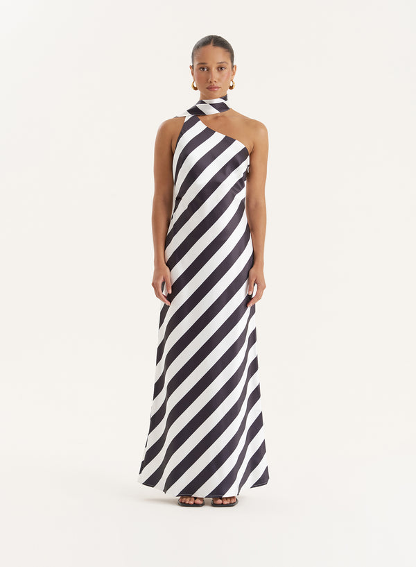 4th & reckless Stripe Print Satin One Shoulder Maxi Dress- Ellen