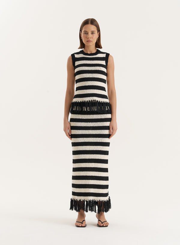 4th & reckless Striped Knitted Tassel Trim Maxi Skirt- Lauryn