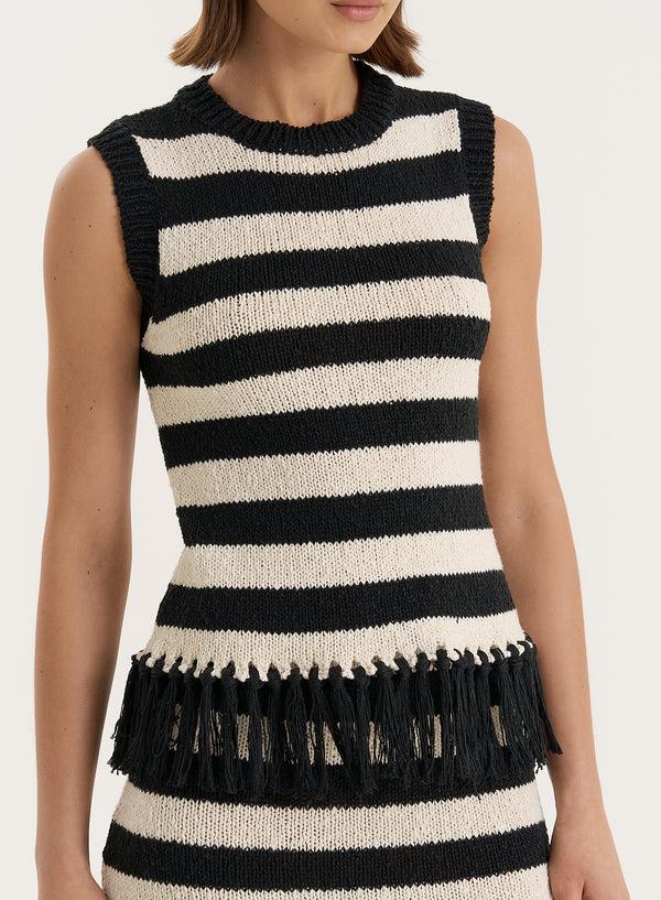 4th & Reckless Striped Sleeveless Knitted Tassel Trim Top- Lauryn