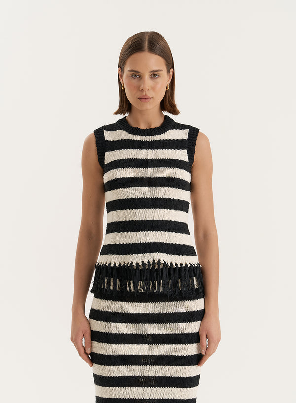 4th & reckless Striped Sleeveless Knitted Tassel Trim Top- Lauryn