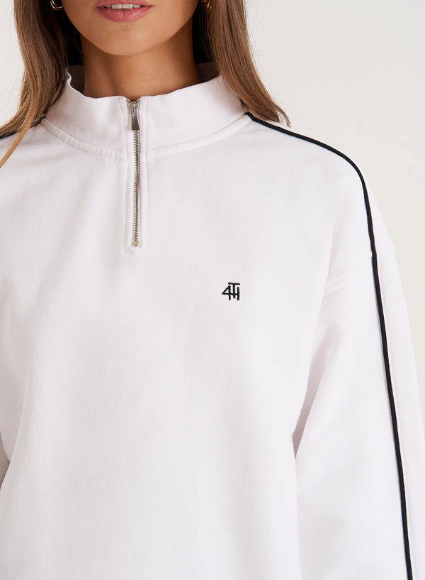 4th & Reckless White Branded Half Zip Cropped Sweatshirt- Gilly