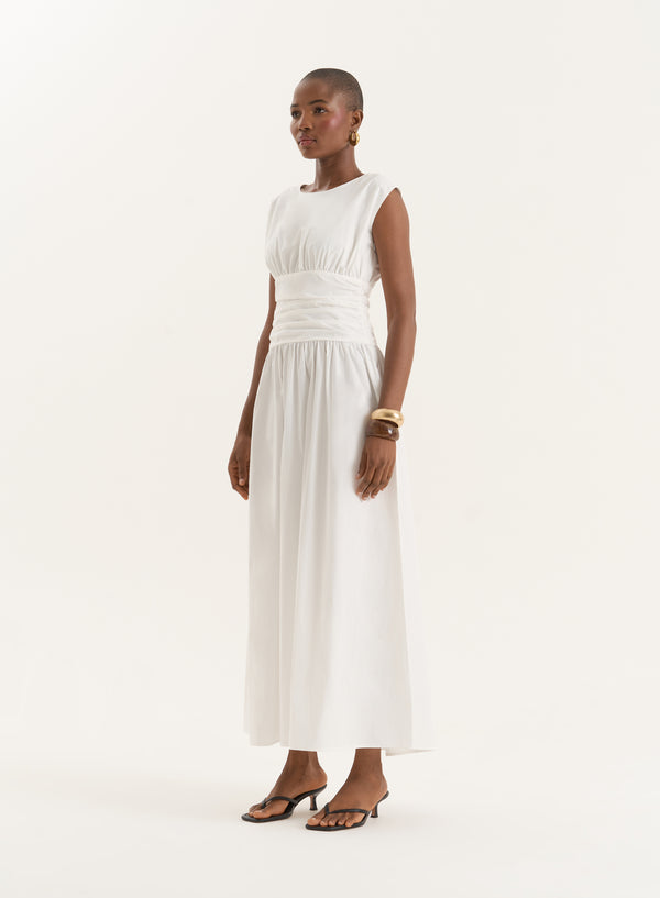 4th & Reckless White Cotton Poplin Drop Waist Maxi Dress- Harper