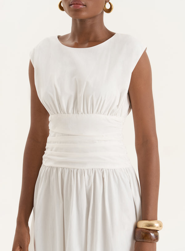 4th & Reckless White Cotton Poplin Drop Waist Maxi Dress- Harper