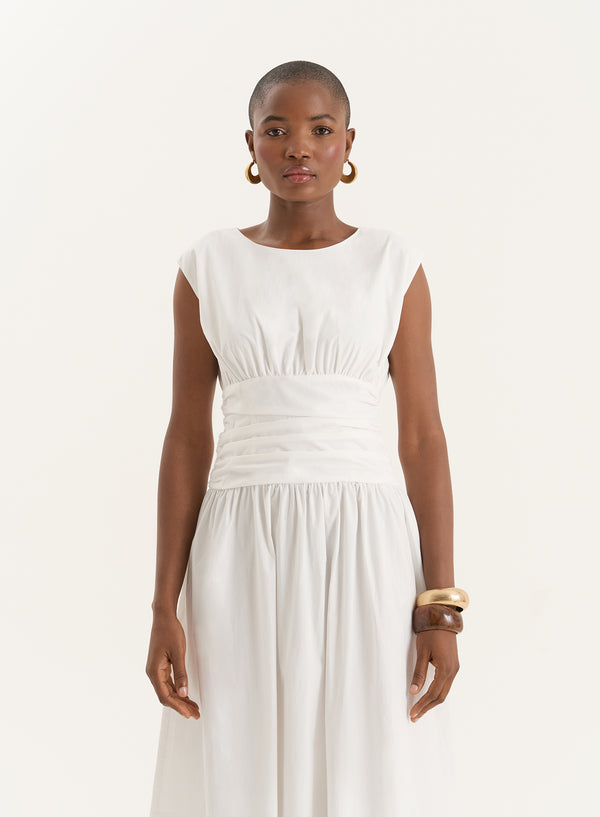 4th & Reckless White Cotton Poplin Drop Waist Maxi Dress- Harper