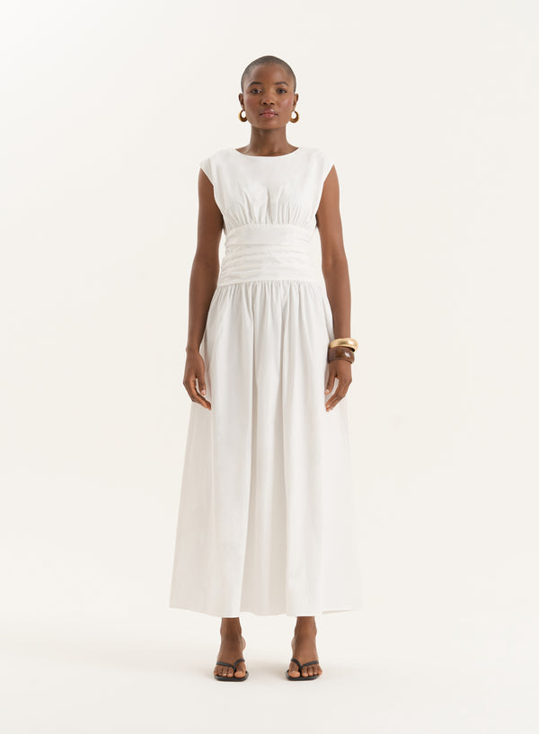 4th & reckless White Cotton Poplin Drop Waist Maxi Dress- Harper