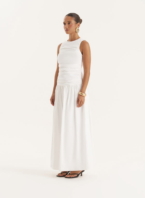 4th & Reckless White Cotton Poplin Drop Waist Maxi Dress- Zendaya