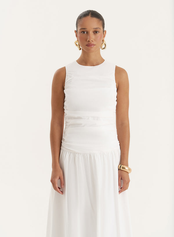 4th & Reckless White Cotton Poplin Drop Waist Maxi Dress- Zendaya