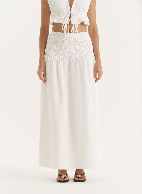 4th & Reckless White Drop Waist Shirred Maxi Skirt- Jadey