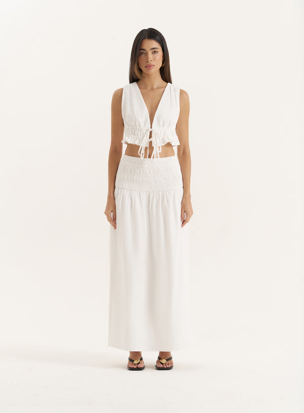 4th & reckless White Drop Waist Shirred Maxi Skirt- Jadey