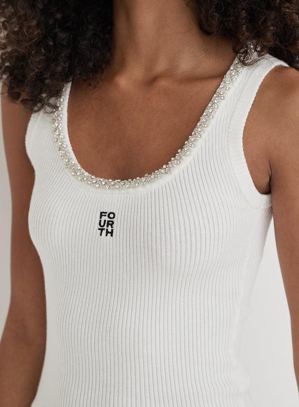 4th & Reckless White Embellished Trim Branded Vest Top- Renya
